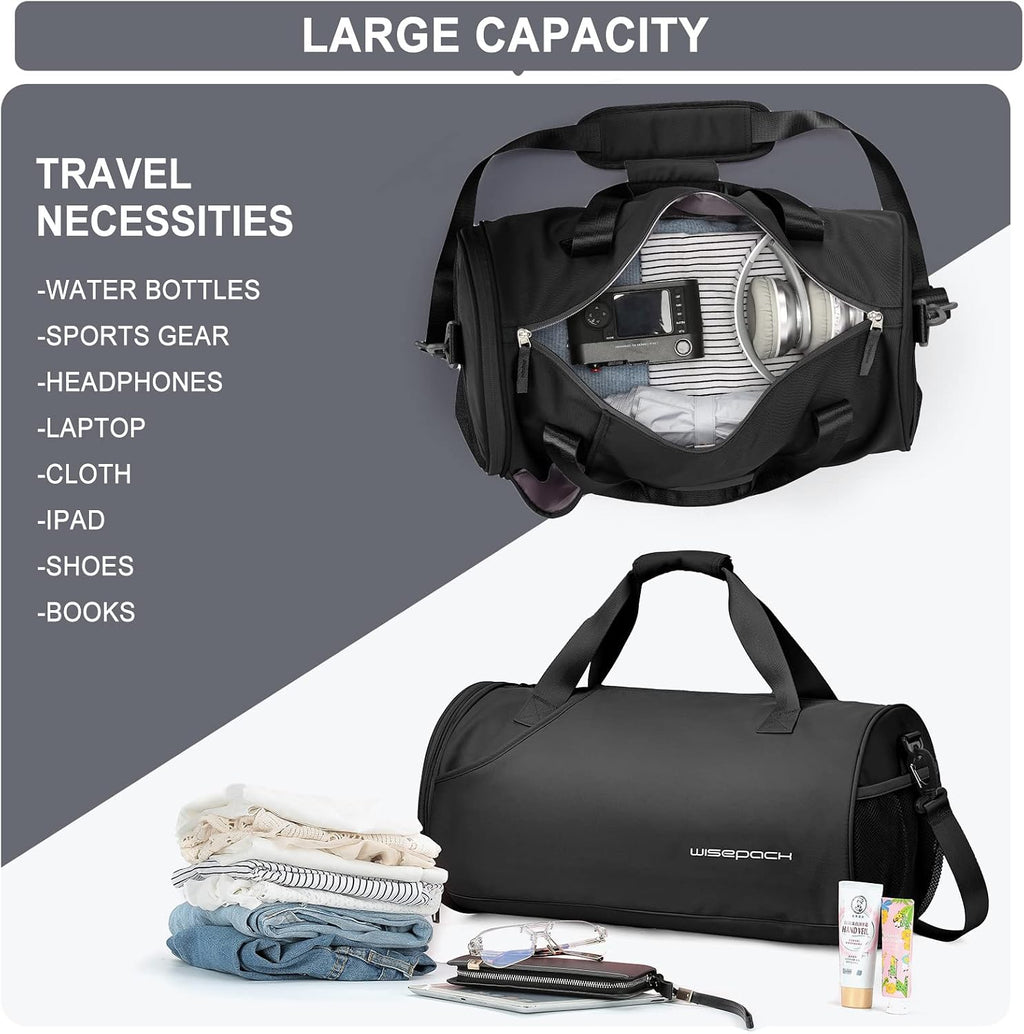 Gym Bag for Women & Men with Wet & Shoe Compartment - Small Duffle Bag for Travel, Sport, Gym, Workout & Overnight Use - Black