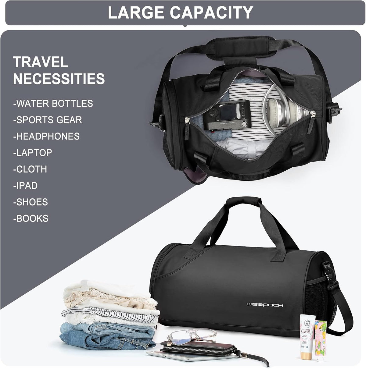Gym Bag for Women & Men with Wet & Shoe Compartment - Small Duffle Bag for Travel, Sport, Gym, Workout & Overnight Use - Black