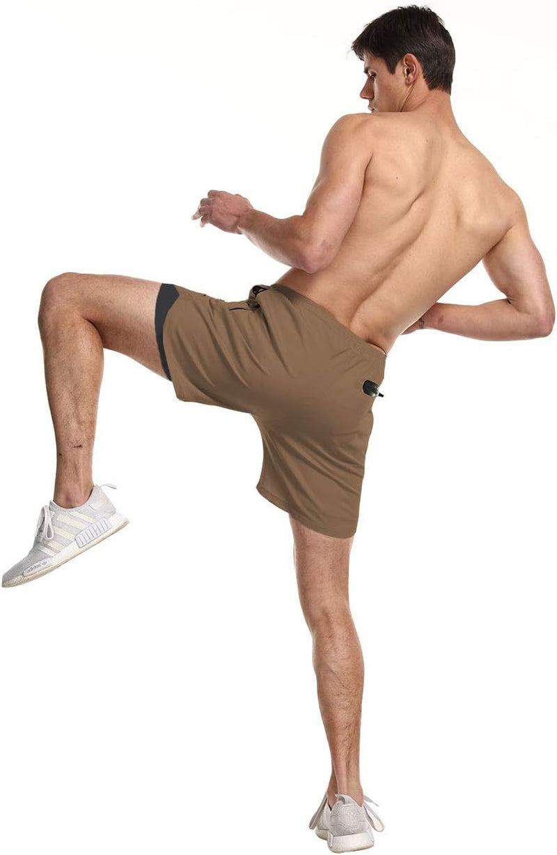 Men'S 2-In-1 Bodybuilding Workout Shorts Lightweight Gym Training Short Running Athletic Jogger with Zipper Pockets
