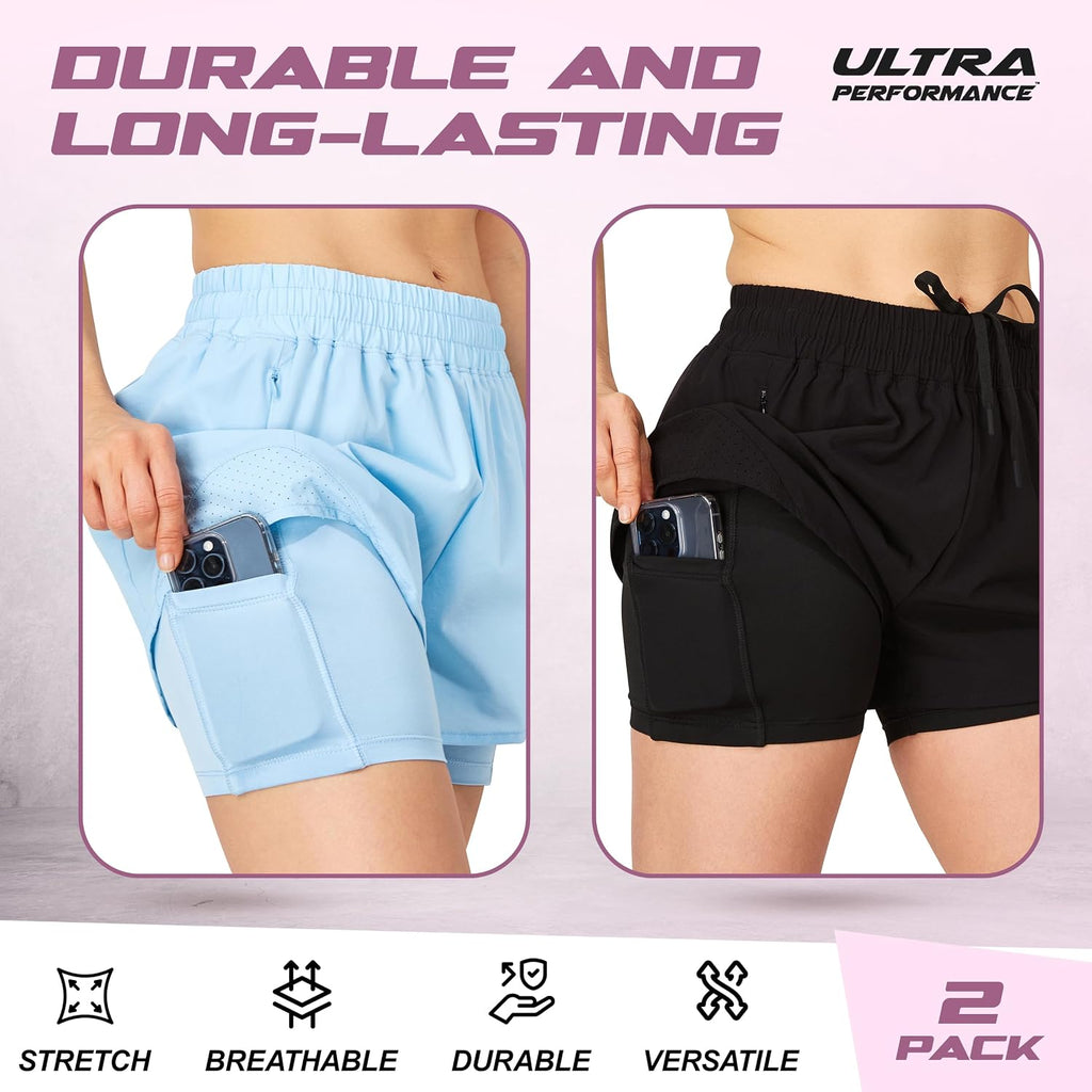 2 Pack Workout Shorts Women 2 in 1 Compression Liner