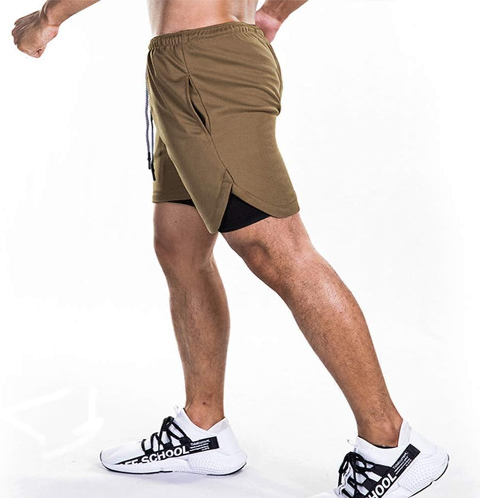 Men'S 2-In-1 Bodybuilding Workout Shorts Lightweight Gym Training Short Running Athletic Jogger with Zipper Pockets