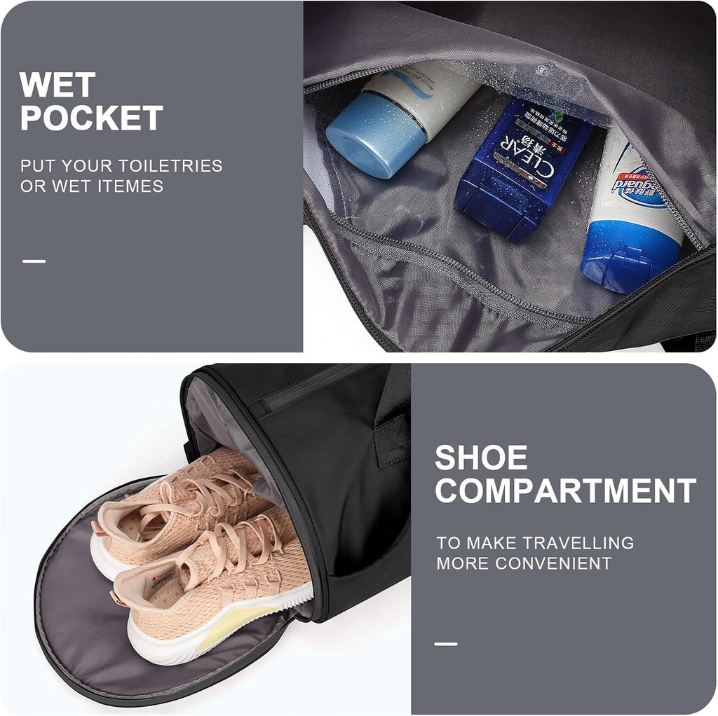 Gym Bag for Women & Men with Wet & Shoe Compartment - Small Duffle Bag for Travel, Sport, Gym, Workout & Overnight Use - Black